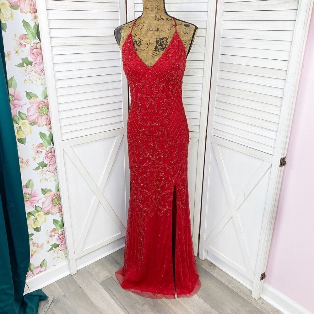 Jules and Cleo Beaded Sequin Mermaid Sheath Dress Red Juniors 6 Prom Formal